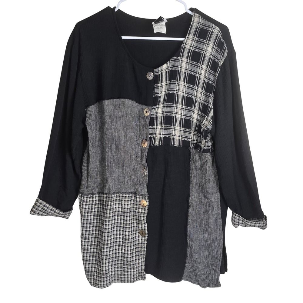 Vintage‎ Tapestry Patchwork Button Front Blouse Medium Black Plaid Whimsigoth